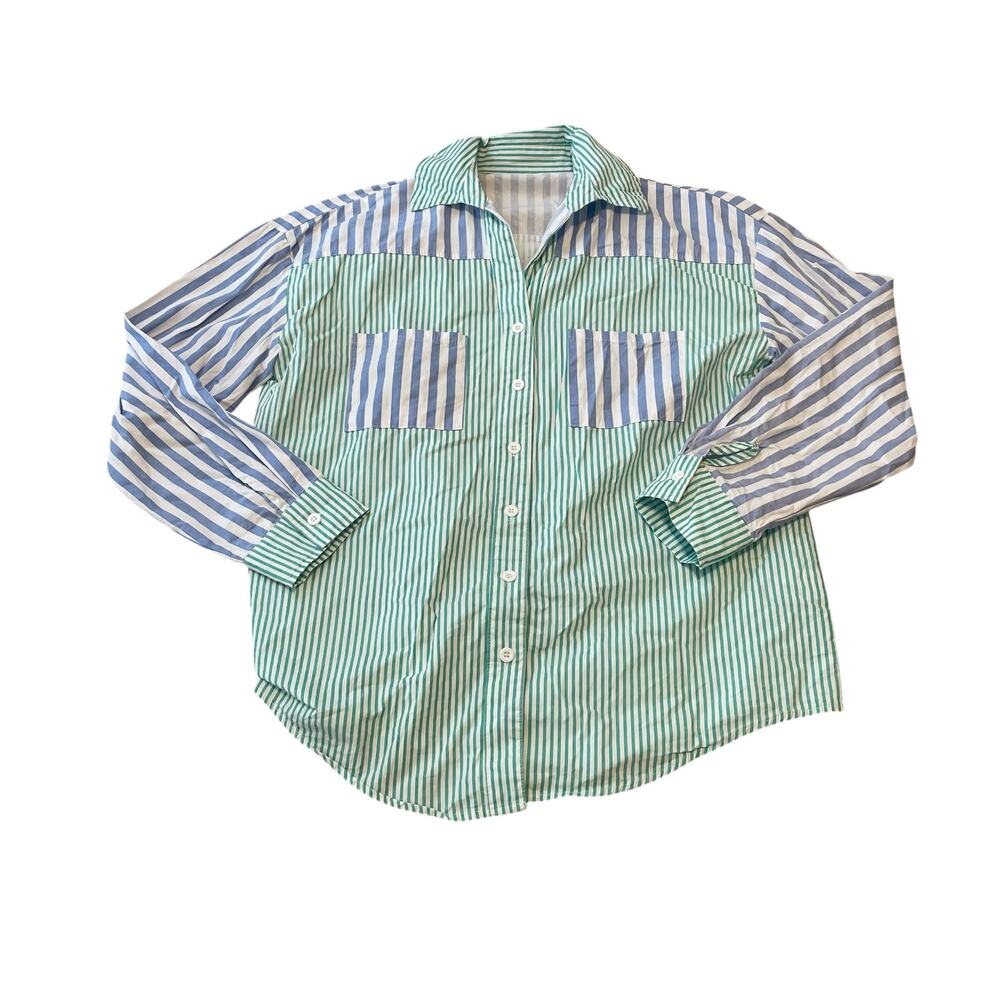 Striped Contrast Button-Down Shirt - Green & Blue 100% Cotton size Medium
